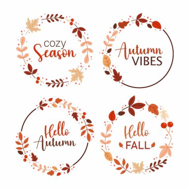 Farklı yaprak ve dallara sahip yuvarlak çelenkler. Sonbahar mektupları. Tebrik kartı tasarımı, satışlar, poster, broşür, web afişi, internet posteri. Sonbahar dekorasyonu.