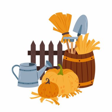 Bahçe aletleri. Çiftlik sulama kutusu, balkabağı, tarım, çalışma aleti. Sonbahar kırsal kesiminde tahta fıçıyla hayat devam ediyor. Beyaz arkaplanda düz resimleme.