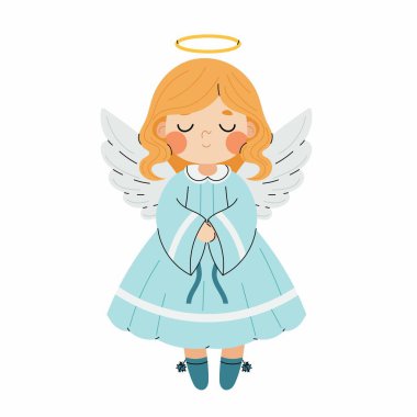 Tatlı Noel meleği. Küçük kız. Küçük melek karakteri. Beyaz arka planda izole edilmiş kutsal insanlar.