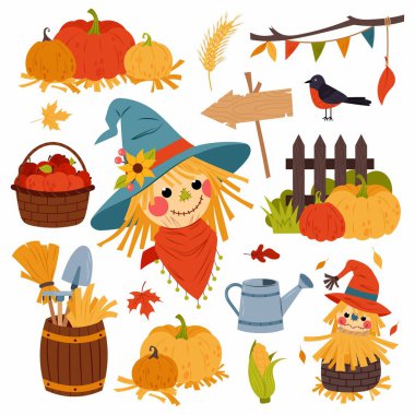 Sonbahar köyü, çiftlik ya da bahçe dekoru seti. Şirin korkuluk portresi, bahçe aletleri, olgun balkabağı, sonbahar yaprakları. Bahçenin, çiftliğin ya da köy dekorunun mevsimsel çizimleri.