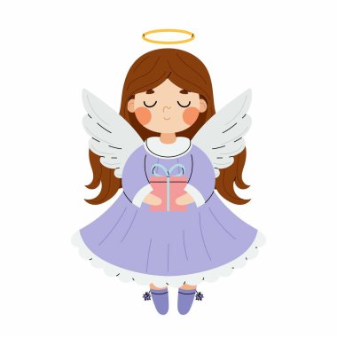 Tatlı Noel meleği. Noel hediyesi olan küçük bir kız. Küçük melek karakteri. Beyaz arka plandaki kutsal insanlar.