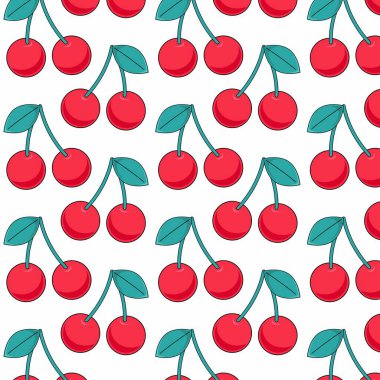 Kusursuz desenli, beyaz arka planda vişneli. Olgun kırmızı kirazlı 70 'ler modeli. Retro vintage arkaplanı.