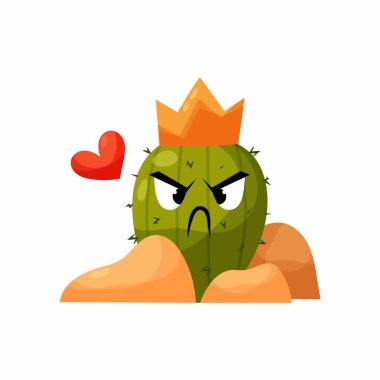 Cactus in flat style. The character of an offended cactus wearing a crown with a heart. Prickly plant. clipart