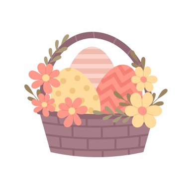 Paskalya klipsi. Paskalya yumurtalarının olduğu hasır sepet düz bahar çiçekleriyle süslenmiş. Beyaz arka planda Paskalya sepeti.