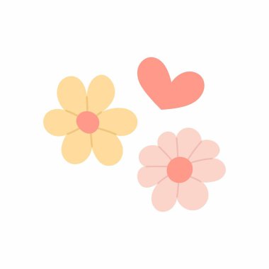 Beyaz arka planda, kalbi düz bir şekilde duran çiçekler. Dekoratif elementler kümesi.