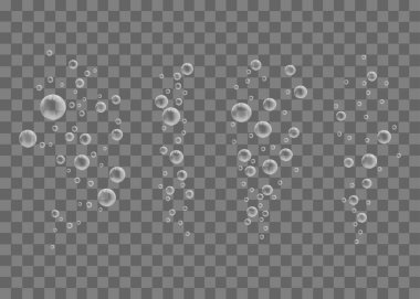 Şeffaf bir arka planda hava kabarcıkları. Üç boyutlu baloncuklar. Kabarcıklar üstüste. Gerçekçi baloncuklar.