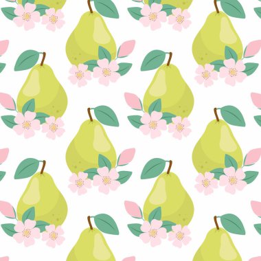 Düz çiçekli yeşil armut. Olgun armut desenli. Tekstil, ambalaj kağıdı, arkaplan için pürüzsüz desen.
