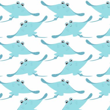 Stingray düz stil. Şirin vatoz desenli. Deniz altı dünyası. Tekstil, ambalaj kağıdı, arkaplan için pürüzsüz desen.