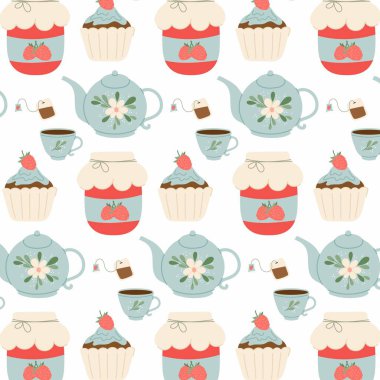 Tea party. Breakfast. Pattern with teapot, cupcake and jam in flat style. Seamless pattern for textile, wrapping paper, background. clipart