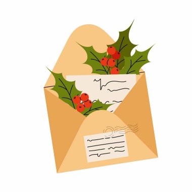 Açık mektup. Kağıt zarf, not ve ilex çileği. Kış festivali dekoru. Noel Baba 'ya mektup. Beyaz arkaplanda düz vektör illüstrasyonu.
