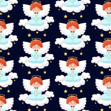 Buluttaki kırmızı melek. Düz stil tatlı bir melek. Bulutların üzerinde sevimli bir melek ve yıldızlar. Tekstil, ambalaj kağıdı, arkaplan.