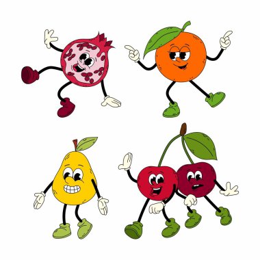 Modaya uygun meyveler. Çizgi film meyveleri düz stil. Çizgi roman illüstrasyonu. El çizimi şirin antika moda moda meyve çizgi film karakteri.