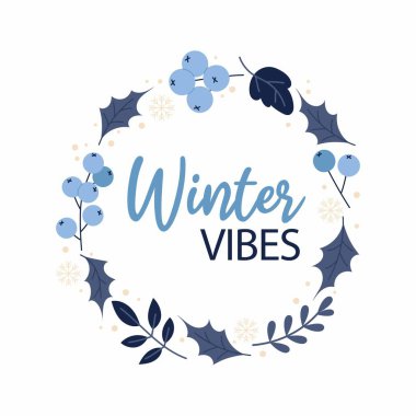 Yuvarlak çelenk, ilex yaprakları, kış böğürtlenleri ve dallarla. Tebrik kartı, satış veya tanıtım afişi, broşür, web afişi, web posteri için tasarım. Kış çerçevesi.