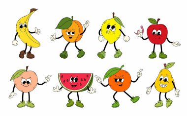 Modaya uygun meyveler. Çizgi film meyveleri düz stil. Çizgi roman illüstrasyonu. El yapımı eski moda moda meyve çizgi film karakteri muz, kayısı, limon, şeftali ve diğer meyveler..