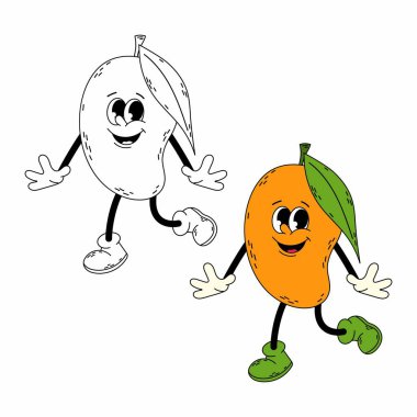 Düz bir şekilde olgun mango. Komik mango karakteri. Çizgi film karakteri düz ve karalama tarzında. Şahane bir karakter. Mango.