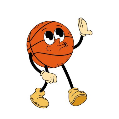 Şahane karakter basketbolu. Havalı çizgi film modası modası geçmiş basketbol karakteri. Doodle çizgi roman illüstrasyon basketbol topu. Basketbol.