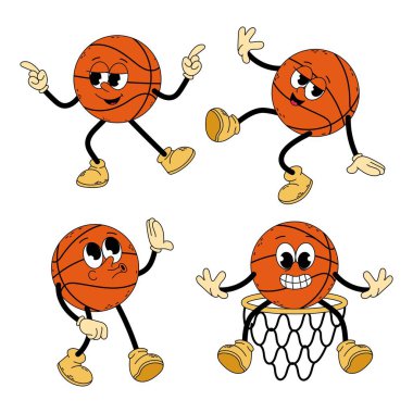 Şahane karakter basketbolu. Havalı çizgi film modası modası geçmiş basketbol karakterini ayarlayın. Doodle çizgi roman illüstrasyon basketbol topu. Basketbol.