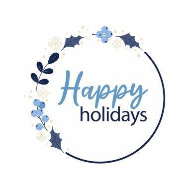 İyi tatiller. Yuvarlak çelenk, kar taneleri, kış meyveleri ve dallarla. Tebrik kartı, satış, poster, çıkartma, pankart için tasarım.