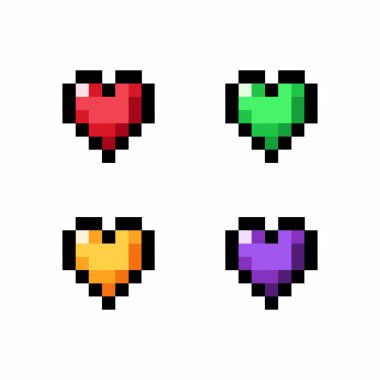 Piksel renkli aşk simgesi tasarımını ayarla. 8 bitlik kalp. Oyun sembolü. Piksel kalp.