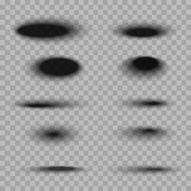 Şeffaf bir arkaplanda vektör gölgeleri kümesi. Nesnelerin gölgesi düşüyor. Vektör grafikleri için gölge örtüsü.