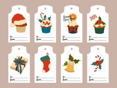 Hediye paketi için Noel etiketleri. Kekli hediye etiketleri, karamel kamışı, Noel çanı. Beyaz arkaplanda düz resimleme.