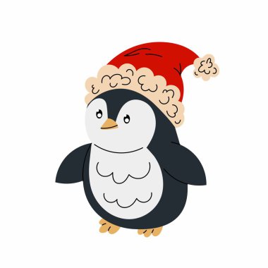Noel Baba şapkalı şirin penguen. Kutup veya Kuzey Kutup Kuşu. Beyaz arka planda düz stil Noel karakteri.