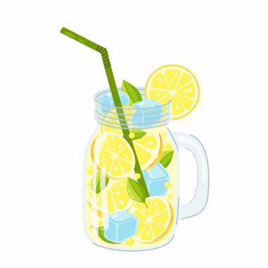 Limonata. Soğuk yaz içkisi. Düz buzlu limonata. Yaz. Modaya uygun bir kabın içinde limon kokteyli..