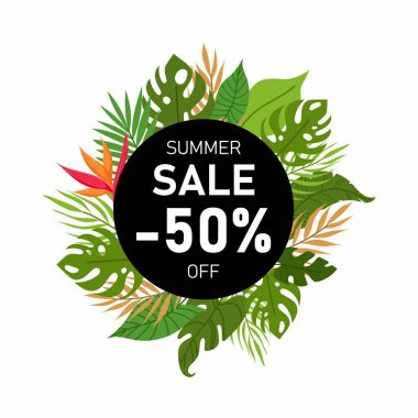 Düz stil tropikal bitkilerle birlikte yuvarlak indirimli pankart. Tropik bitkiler. Reklam afişi, alışveriş merkezi. İndirim, yaz indirimi, indirim kuponu..