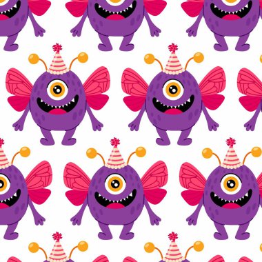 Beyaz arka planda düz kanatlı komik bir canavar. Çocuk çizgi film karakteri. Doğum günü geçmişi. Tekstil, ambalaj kağıdı, arkaplan.