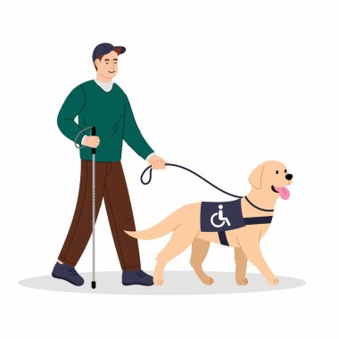 Bastonlu kör adam ve beyaz arka planda düz stil rehber köpeği. Engelli. Kör bir adam aktif bir hayat sürüyor. Sağlık hizmeti konsepti. Körler için evcil hayvan arkadaşı ve asistan.