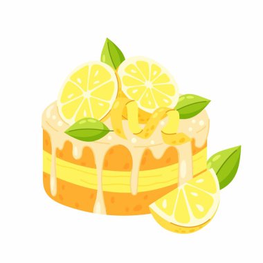 Sweet bento cake with lemon slices and zest. Lemon dessert, lemon cake. Lemon flavored dessert in flat style. clipart