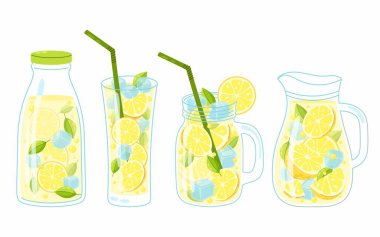 Düz bir limonata. Bir dizi soğuk yaz içeceği. Farklı cam kaplarda buzlu limonata. Soğuk içecekler.