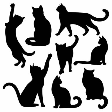 Bir grup siyah kedi silueti. Cadılar Bayramı, kart, poster ya da diğer tasarım kalıpları. Kara kedi..