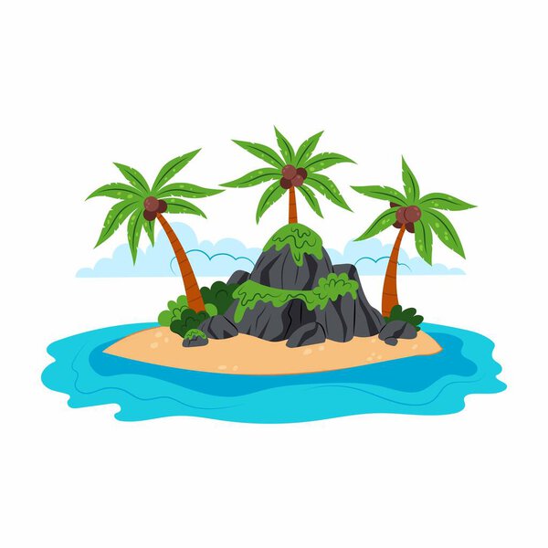Пустынный остров в плоском стиле на белом фоне. Остров с камнями и пальмами. Карикатурный остров в океане.