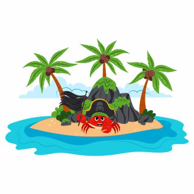 Ada. Palmiye ağaçları, yengeç korsanı ve kayaları olan ıssız bir ada. Okyanusun ortasında bir kara parçası. Çizgi film çizimi düz stil. Bir adanın çocuk çizimi.