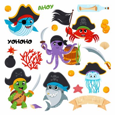 Set of illustrations of sea animals in pirate costumes. Sea animals with elements of underwater life. Cute sea creatures on a white background. clipart