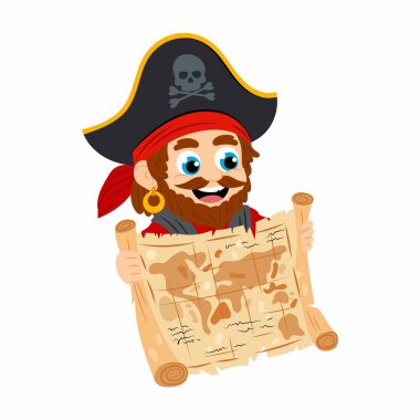 Beyaz arka planda hazine haritası olan bir korsanın çizgi film karakteri. Düz stil içinde sevimli bir korsan. Eski haritalı çocuk korsan karakter.