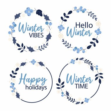 Üzerinde yazılar, yapraklar ve dallar olan kış çelenkleri. Tebrik kartı, el ilanı, afiş ve çıkartmalar için kış çerçevesi. Kış meyveleri.