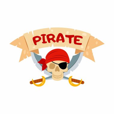 Korsan kafatası amblemi ve düz stil kılıçlar. Harfli bir korsan kafasının karikatür çizimi. Bir korsanın çocuk resimleri..