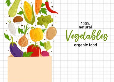 Arka planda farklı sebzeler ve baharatlar var. Düz tarzda sağlıklı sebzeler. Sağlıklı yiyecekler, organik tarım. Olgun sebzelerle pankart.