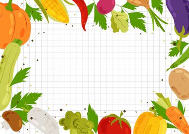 Farklı sebzelerin olduğu bir arka plan. Sağlıklı yiyecekler, mevsimlik sebzeler. Yazıtlar, afişler, planlar, tarifler için arka plan. Sebzeli çizgi film arka planı.