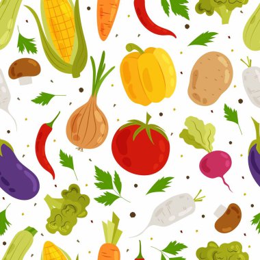 Beyaz arka planda farklı sebzelerle kusursuz desen. Düz stil mevsimlik sebzeler. Sağlıklı yiyecekler. Tekstil, ambalaj kağıdı, arkaplan.