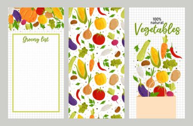 Olgun mevsimlik sebze ve baharatlarla dolu bir arka plan. Sebzeler düz stil. Alışveriş listesi, kusursuz desen, afiş, kapak.