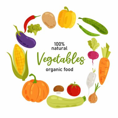 Beyaz arka planda olgun sebzeli pankart. Düz tarzda farklı sebzeler. Sağlıklı beslenme. Doğal yiyecek deposu.