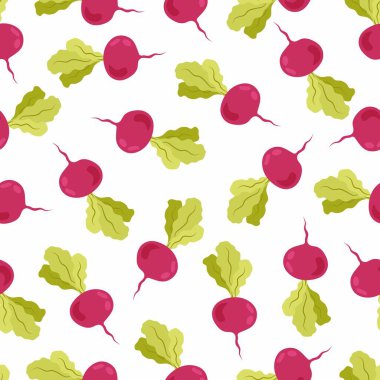 Beyaz arka planda düz pancar şeklinde kusursuz desen. Sağlıklı yiyecekler. Çizgi film pancarı düz stil. Çiğ kök sebze. Tekstil, ambalaj kağıdı, arkaplan.