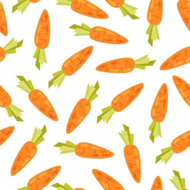 Beyaz arka planda düz bir havuç deseni var. Sağlıklı yiyecekler. Çizgi film havuçları düz stil. Sebze. Tekstil, ambalaj kağıdı, arkaplan.