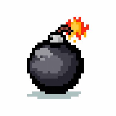 A pixelated bomb icon with a lit wick. Arcade game symbol, web icon. Bomb icon. Burning bomb in pixel style. clipart