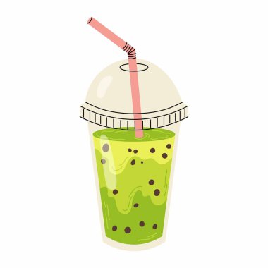 Kibrit köpüklü çay ile plastik bardak. Yeşil çay içeceği. Menü, tarif, etiket, ambalaj tasarımı için elementler. Moda Asyalı içeceği.