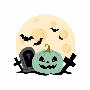 Cadılar Bayramı. Ay arka planındaki mezarların arasındaki kötü balkabağı. Balkabağı ve yarasalar. Cadılar Bayramı çıkartması, poster, afiş, hatıra defteri. Beyaz arkaplanda düz bir resim