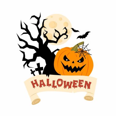 Mutlu Cadılar Bayramı geçmişi. Ay arka planında ağaç silueti olan bir balkabağı. Yarasa. Tatil mektupları. Çizgi film Cadılar Bayramı afişi.